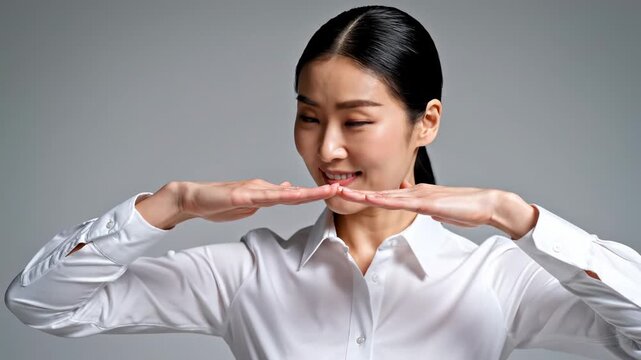 Woman's Hands Gesturing Flatness with Subtle Facial Expressions in Studio Lighting