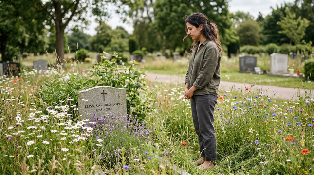Woman mourning at a grave in a cemetery. Young female visiting headstone of a loved one in a graveyard. Grief and remembrance concept with wildflowers