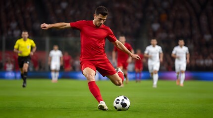 Naklejka premium Soccer Player in Red Uniform Kicks Soccer Ball on Field