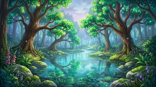 Serene forest landscape with trees and river