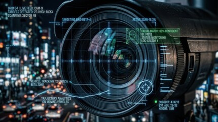 Obraz premium Surveillance camera lens scanning city street with digital overlay interface. Real time facial recognition and vehicle tracking monitoring system. Advanced security technology for crime control.