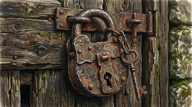Old rusty padlock on wooden door with key