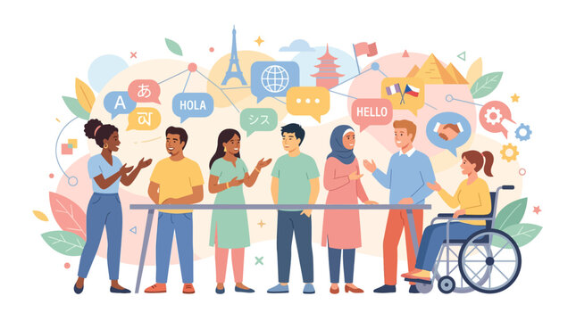 Diverse people communicating globally with language symbols and landmarks, concept of connection