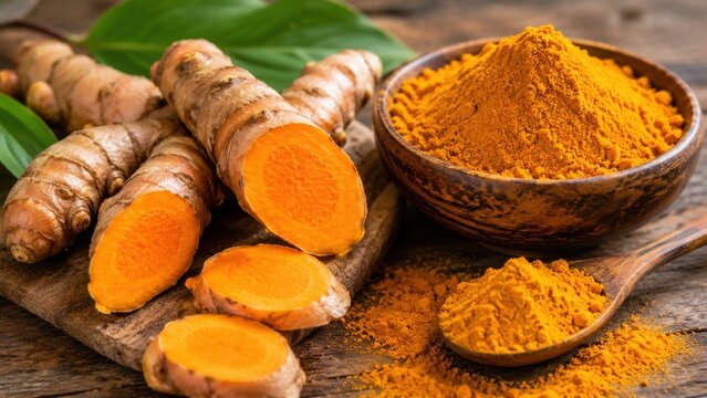 Turmeric rhizomes displayed with ground spice in bowl