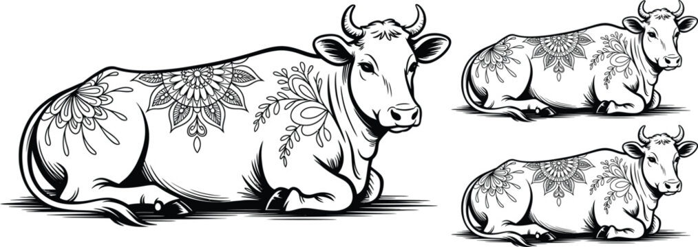 Black and white cow illustrations, henna art cows, vector cattle designs, animal ornamentation
