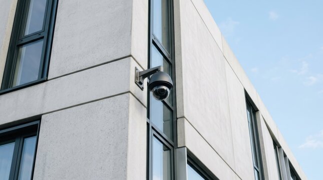 Security camera dome mounted on corner of modern concrete office building. Smart city surveillance system for public safety. High resolution digital monitoring device for urban control.