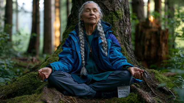 Elderly woman with silver braided hair sits cross-legged on damp forest moss, eyes closed, palms resting on tree roots, prescription notepad beside her reading "nature therapy 3x weekly," mist curli