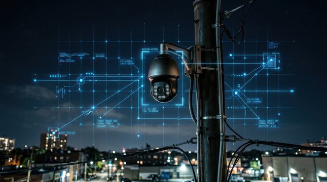 Security camera monitoring city street at night with digital analytical interface. Urban surveillance and smart city technology with motion tracking data overlay for crime prevention.