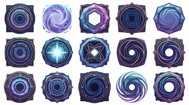 A premium collection of 15 futuristic fantasy game user interface borders, magic avatar frames, level up circles, cosmic portals, and glowing UI element assets for game development isolated on a white