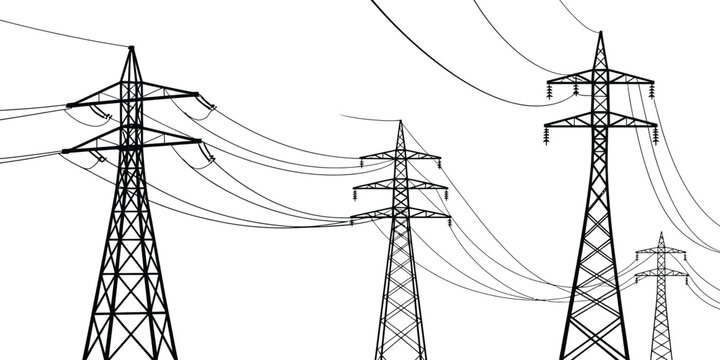Electric power transmission towers, high voltage lines, industrial infrastructure, energy distribution