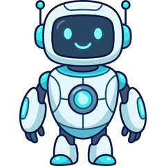 Fototapeta premium A cute robot character wearing headphones stands smiling on white