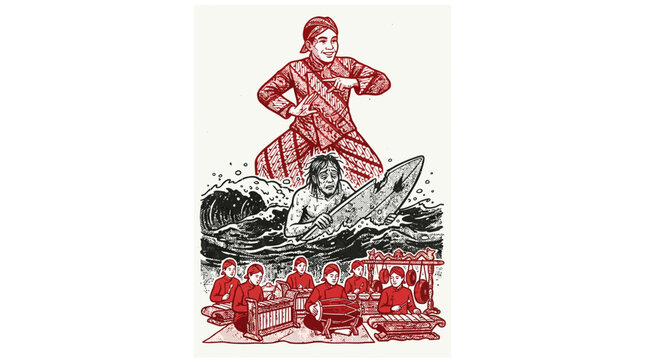 Indonesian Culture Fusion: Traditional Dancer, Surfer, and Gamelan Orchestra