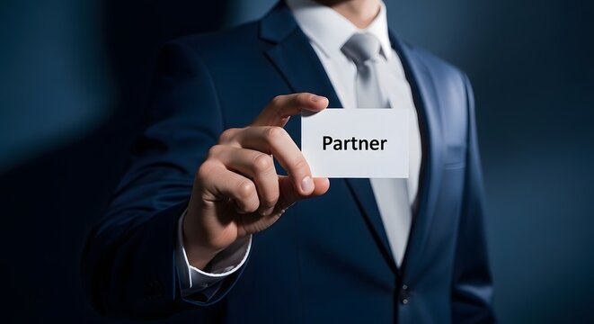 Business partnership man holding 'partner' card building trust partner relationships
