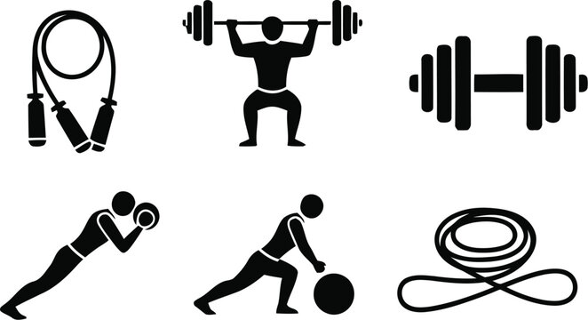 Fitness icons set jump rope weightlifting push ups and kettlebell exercises