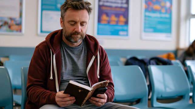 Fortysomething white man sits in therapist waiting room holding battered journal, appointment reminder on his phone showing three-month delay, NHS waiting room posters behind him, institutional carp