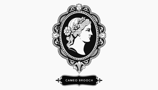 Very beautiful black-and-white engraved vector illustration featuring CAMEO BROOCH with intricate carved details, ornate frame patterns, and a decorative label reading "CAMEO BROOCH", isolated on whit