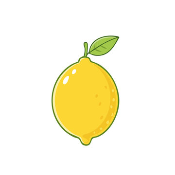 Vibrant yellow lemon with a green leaf and stem cartoon illustration