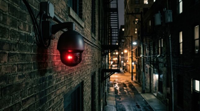 Security camera with red light mounted on dark brick building wall in night alley. City surveillance and public monitoring system. Crime prevention technology in urban environment.