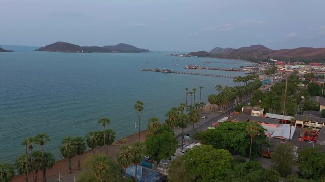 Aerial footage of Sattahip district located in Chomburi province.