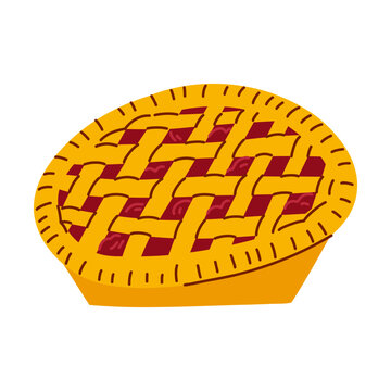 Braided delicious cherry pie made from shortcrust pastry, fresh baked organic food for sale, illustration of closed berry pie in flat style with doodle elements