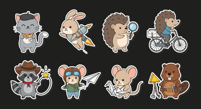 Colorful cartoon animals in various professions and activities.