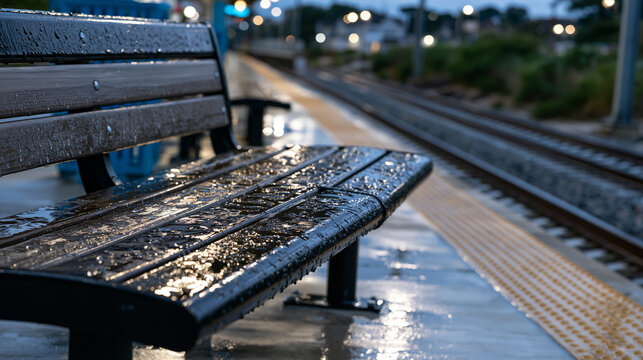Rain soaked commuter train platform at dawn with empty benches and moisture on the concrete surface, public transportation, urban infrastructure, commuter lifestyle, city planning, daily routine edi