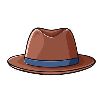 Classic brown fedora hat with a blue band and wide brim in a cartoon style
