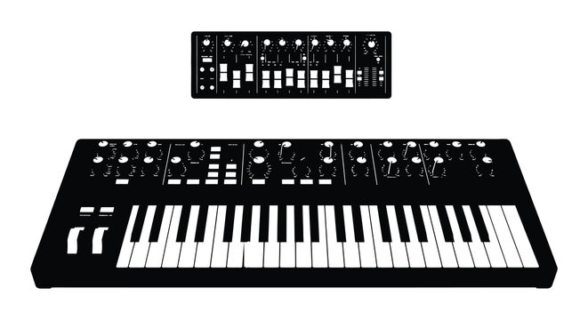 Synthesizer Keyboard And Module Silhouette On White Background
