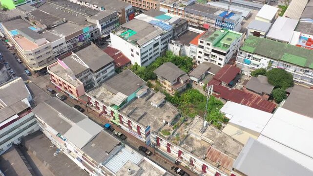 Aerial footage of Sattahip district located in Chomburi province.