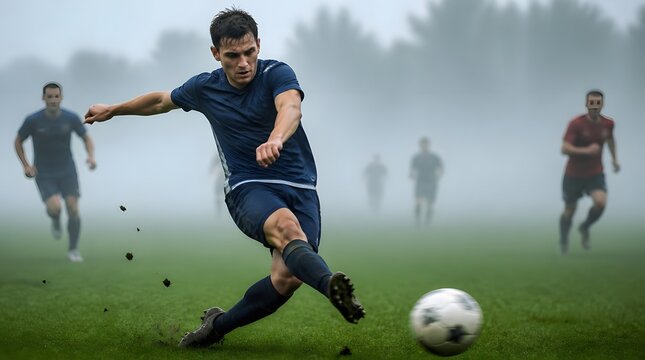 Soccer Player Kicks Ball on Misty Outdoor Field with Opponents Chasing