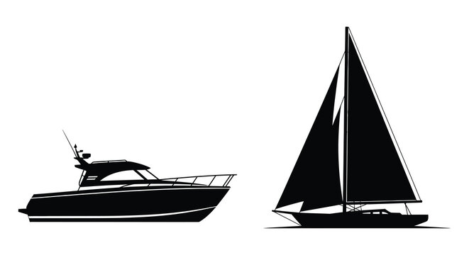 Sailing yacht and motorboat silhouette against a white background
