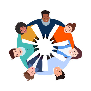People Hugging Top View. Group Of Characters Forms A Tight Circle, Embracing One Another Vector Illustration