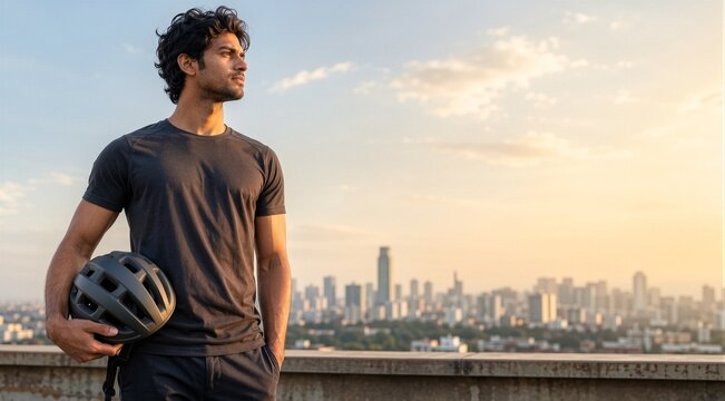 Man holding bicycle helmet overlooking skyline copy space