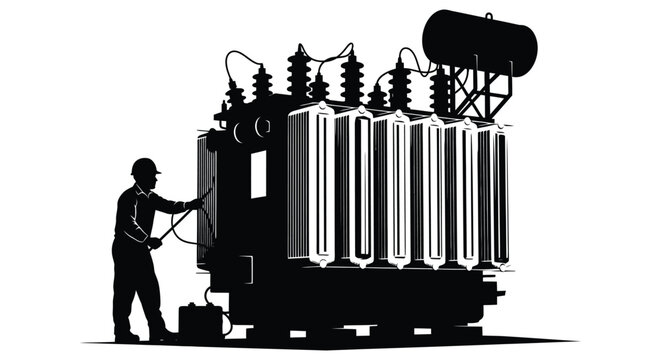 Power transformer and technician silhouette against a white background