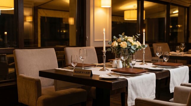 Elegant restaurant table set for a special occasion with reserved sign, candles, wine glasses, and floral centerpiece in a cozy dining environment