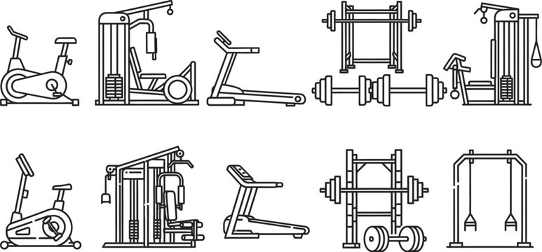 Fitness equipment line art collection for gyms and home workouts