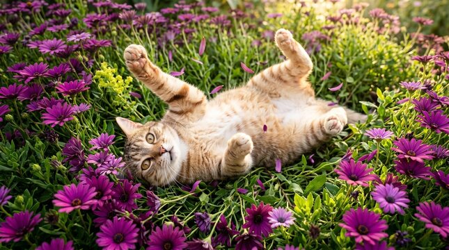 Adorable Ginger Cat Rolling Happily in a Vibrant Field of Purple Flowers and Lush Green Grass