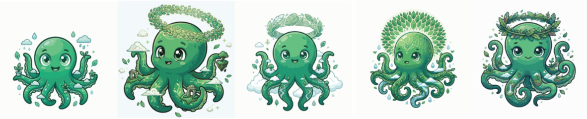 Fototapeta premium Captivating collection of eco green octopus illustrations, showcasing charming marine life characters with ethereal halos, perfect for promoting environmental consciousness and aquatic wonder