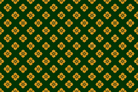 Malay Riau Batik Songket Traditional Pattern on Green Background. Balinese Ornament Fabric Vector Decoration with Gold Floral Motif. Luxury Thai Traditional Art Seamles
