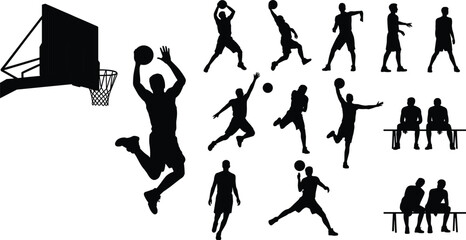 Comprehensive collection of basketball silhouettes featuring players in action, dunking, sitting on benches, and a backboard hoop set © SreeRupali