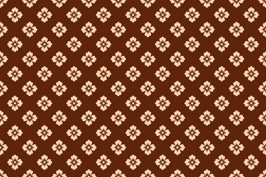 Luxury Brown Geometric Batik Textile Design Vector. Traditional Indonesian Batik Kawung Seamless Pattern. Classic Javanese Ethnic Floral Motif on Brown Background