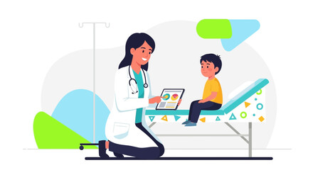 Obraz premium Pediatrician Consulting Young Boy Patient on Examination Table with Digital Tablet