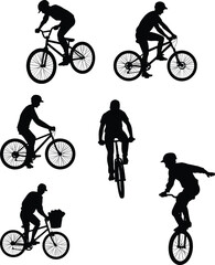 Naklejka premium Cyclist Silhouettes Collection Featuring BMX Stunts Mountain Biking Commuting and Recreational Outdoor Activities