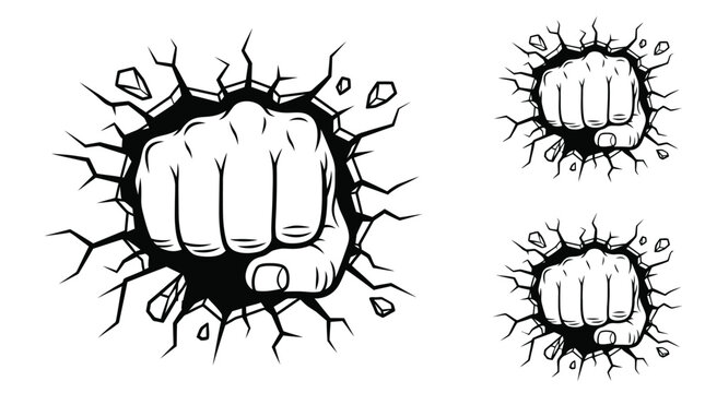 Powerful black and white vector illustration of a strong fist breaking through a solid wall