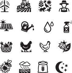 Obraz premium Black and white icons representing farming and agriculture concepts.