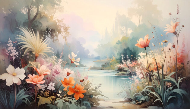 Dreamy Floral Lakeside Painting