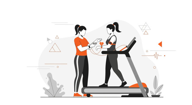 Personal trainer assisting woman on treadmill, monitoring fitness and health