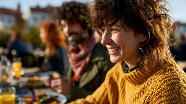 Woman smiling enjoying outdoor brunch with friends