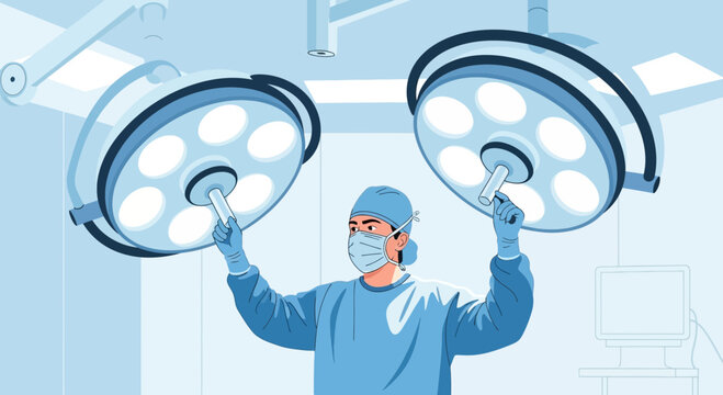 Surgeon Adjusting Operating Room Lights Before Surgery