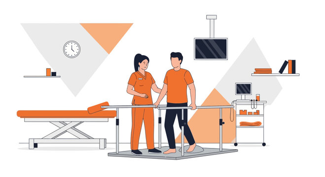 Physical Therapist Assists Patient Walking with Parallel Bars in Rehabilitation Clinic